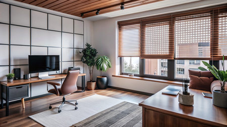 Modern home office with wooden desk, chair, and blinds, white walls and a large window with city views.の素材