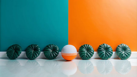 A single orange and white sphere sits on a white surface in front of a turquoise and orange background. Six round green objects are lined up on either side.の素材