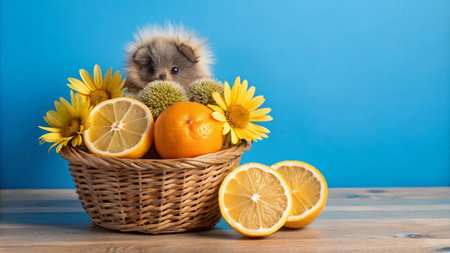 A fluffy Pomeranian puppy sits in a wicker basket filled with lemons, oranges, and sunflowers against a blue backdrop.の素材
