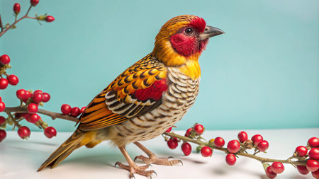 A colorful bird with red, yellow, and black feathers perched on a branch with red berries against a blue background.の素材