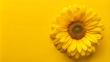 A single yellow daisy flower on a vibrant yellow background.の素材