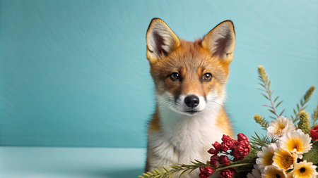 A red fox with white chest sits in front of a bouquet of flowers against a light blue background.の素材