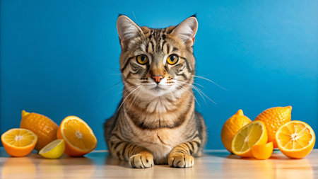 A tabby cat with yellow eyes sits on a wooden table with lemons and oranges on either side of it against a blue background.の素材
