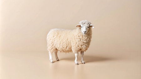 A white sheep standing on a beige background, looking directly at the camera.の素材
