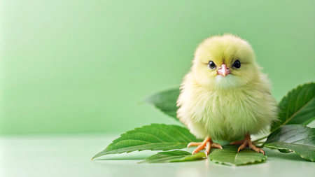 A small, fluffy, yellow chick sits on green leaves against a light green background.の素材
