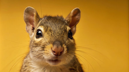 A curious squirrel with large eyes and a pink nose looks directly at the camera against a yellow background.の素材