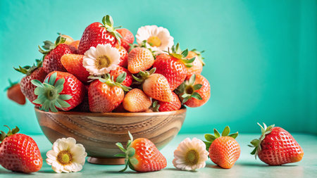 Fresh ripe strawberries in a wooden bowl with white flowers against a teal background.の素材