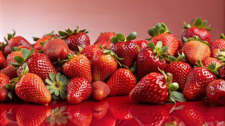 Close-up of fresh, ripe strawberries on a red surface.の素材