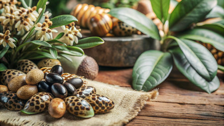 Close-up of various nuts, seeds, and leaves on a wooden surface.の素材