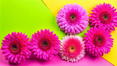 Five vibrant pink gerbera daisies arranged on a green, yellow, and pink background.の素材