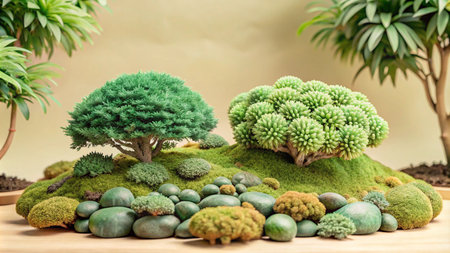 Miniature landscape with two trees, moss, and pebbles on a wooden surface.の素材