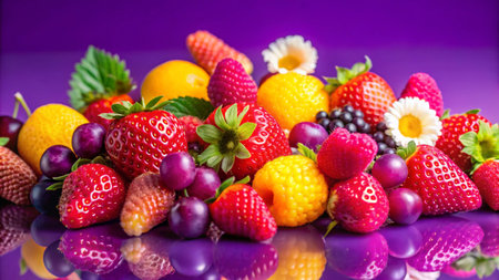 A vibrant still life of fresh fruits with strawberries, raspberries, lemons, and grapes on a purple background.の素材