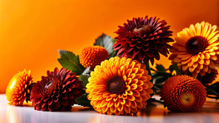 A bouquet of vibrant red and orange chrysanthemums on a white surface with a blurred orange background.の素材