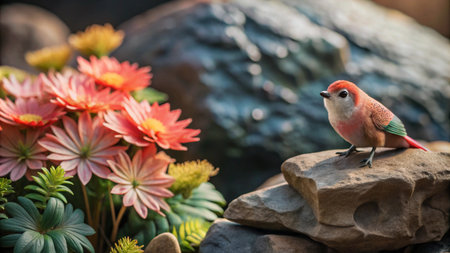 A small, colorful bird perches on a rock in a garden setting with pink flowers and a small waterfall in the background.の素材