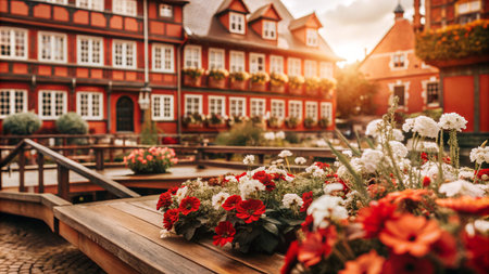 Close-up of flowers on a wooden table in a quaint, European town square, with old, red-brick buildings in the background and a sun-drenched sky.の素材