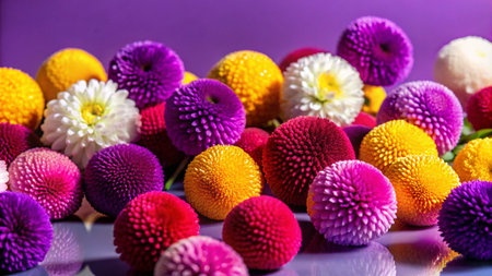 A vibrant collection of colorful pom pom flowers in a variety of shades, including yellow, white, purple, pink, and red, arranged on a purple background.の素材