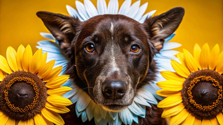A brown and white dog wearing a flower collar and looking directly at the camera with two sunflowers on either side of it&#39;s head.の素材