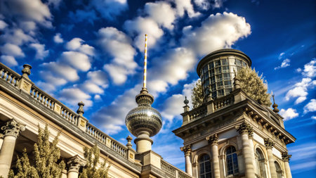 A view of the iconic dome of a building against a blue sky with white clouds.の素材