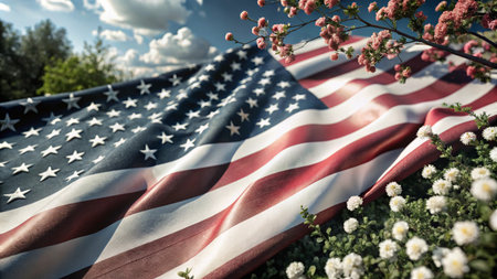 Waving American flag with flowers and blue sky.の素材