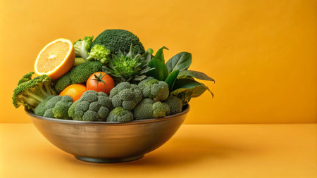 A bowl overflowing with fresh broccoli, tomatoes, and an orange slice against a yellow background.の素材