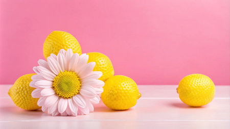 A pink daisy flower rests amidst yellow lemons on a white surface with a pink background.の素材
