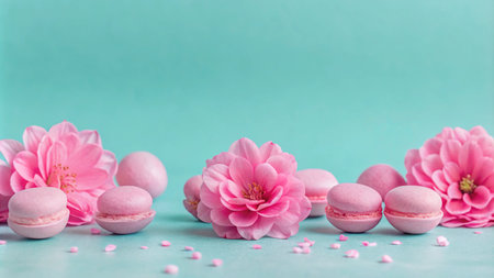 Pink macarons and flowers on a turquoise background.の素材