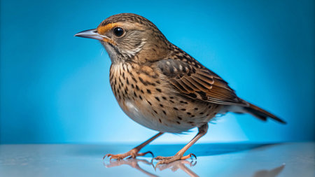 A small brown bird with a yellow stripe above its eye stands on a reflective surface against a bright blue background.の素材