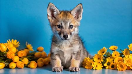 A cute fox pup sits between two bouquets of yellow flowers, looking directly at the camera.の素材