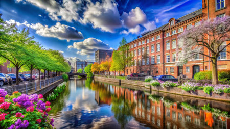 A picturesque canal flows through a charming European city, lined with colorful buildings and vibrant spring blooms.の素材