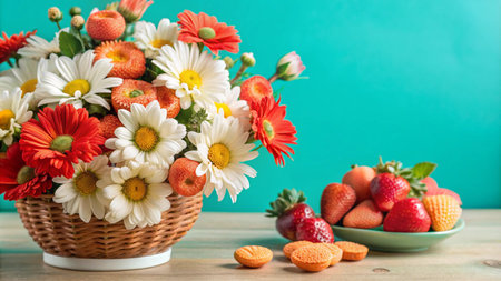 Bouquet of daisies and gerberas in a wicker basket with strawberries and cookies on a wooden table against a turquoise background.の素材