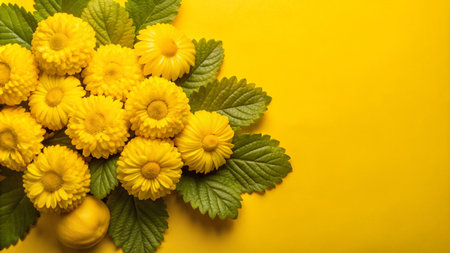 Yellow flowers with green leaves and a lemon on a yellow background.の素材
