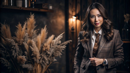 Confident businesswoman in a plaid suit with a tie, posing in a dimly lit room with dry flowers in the background.の素材