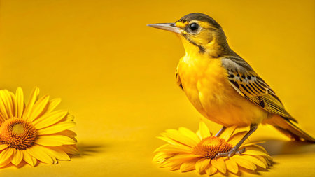 A yellow bird with black streaks perches on two yellow flowers against a bright yellow background.の素材