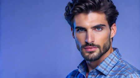 Portrait of a handsome young man with blue eyes and a beard, looking directly at the camera.の素材