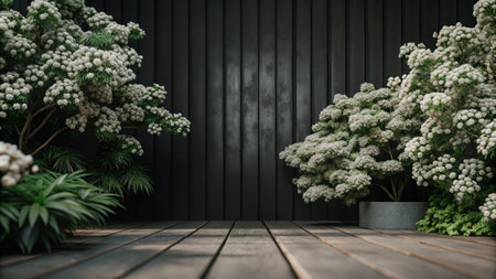 A wooden floor with a black wall in the background and plants in pots.の素材