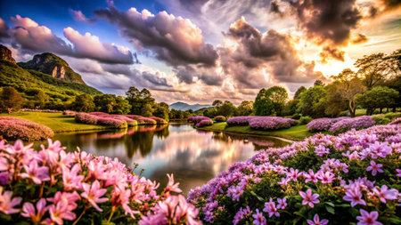 Picturesque sunset over a serene lake, surrounded by vibrant pink flowers and rolling hills, creating a tranquil scene.の素材