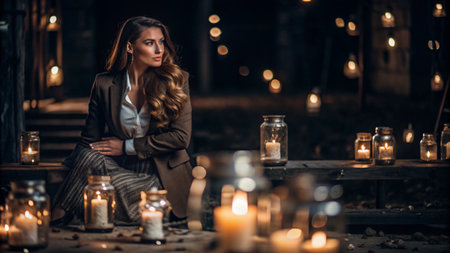 A woman in a brown blazer sits among lit candles in the forest at night.の素材