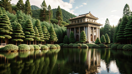 Tranquil pagoda with reflection in a calm pond, surrounded by lush greenery and mountains in the background.の素材