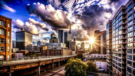 A cityscape with skyscrapers, a bridge, and a sunset in the background.の素材