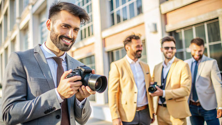 A group of young men in suits, one holding a camera, smiling.の素材