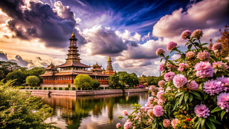 A traditional Thai temple with golden roofs and a reflecting pond, surrounded by pink flowers and lush greenery, under a dramatic cloudy sky.の素材