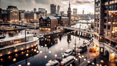 A panoramic view of a city at dusk, with buildings, a bridge, and a river. The sky is a deep blue, and the lights of the city are reflected in the water.の素材