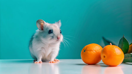 A small white hamster with blue eyes sits on a white surface and looks curiously at two whole oranges in front of it.  There is a light blue wall behind the hamster and oranges.の素材