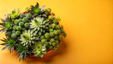 A variety of succulent plants in a terracotta pot on a yellow background.の素材