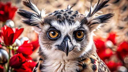A close-up of an owl with bright yellow eyes and black and white feathers, looking directly at the camera, with red flowers in the background.の素材