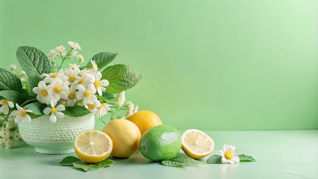 Lemons, limes and white flowers arranged on a green table with a green background.の素材