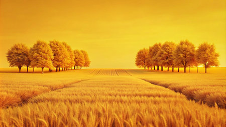 A golden wheat field with rows of trees under a warm sunset.の素材