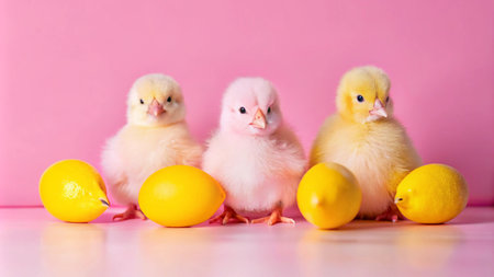 Three cute baby chicks with lemons on pink background.の素材