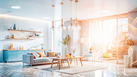 Modern living room interior with large windows, wooden floor, and comfortable furniture.の素材