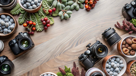 Flat lay of cameras, lenses and autumnal decor with copy space.の素材